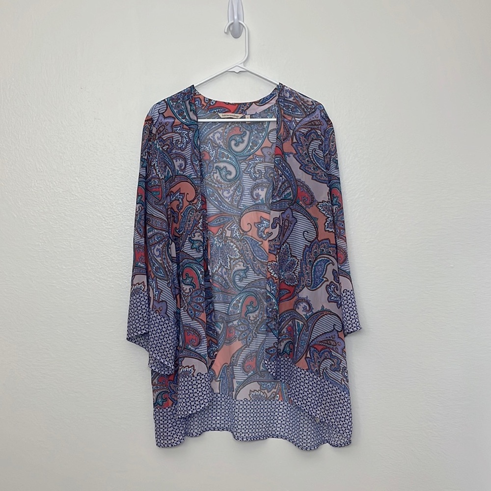 Soft Surroundings Blue and Coral Paisley Open-Front Cardigan